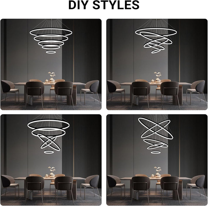 BAMDECOR Modern LED Chandelier, Dimmable Pendant Light with Remote Control Rings Round Ceiling Lighting Fixture 3 Color Temperatures Contemporary Chandeliers (5 Rings-Black)