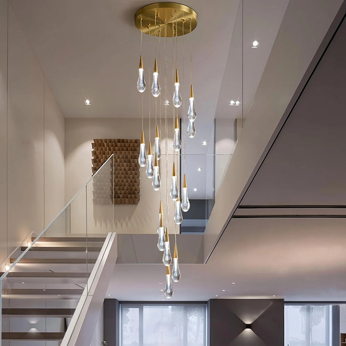 BAMDECOR LT12 18-Heads Solid Crystal Rain drop Chandelier High Ceiling Foyers Entrance Chandeliers Staircase Long Pendant Light (Silver Insert)