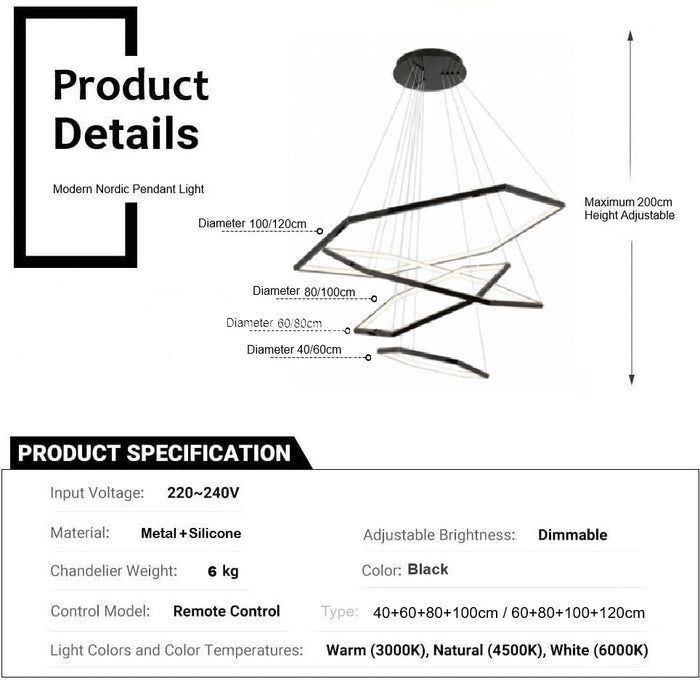 BAMDECOR AD2582/4 Modern LED Chandelier, Hexagonal Rings Ceiling Lighting Contemporary Chandeliers (4 Rings-Black)