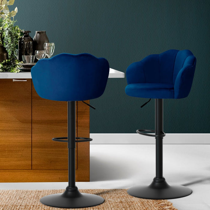 2x Bar Stools Gas Lift Velvet Blue - Amazingooh Wholesale