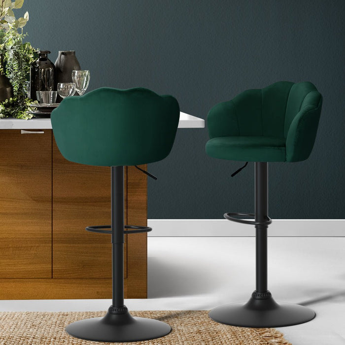 2x Bar Stools Gas Lift Velvet Green - Amazingooh Wholesale