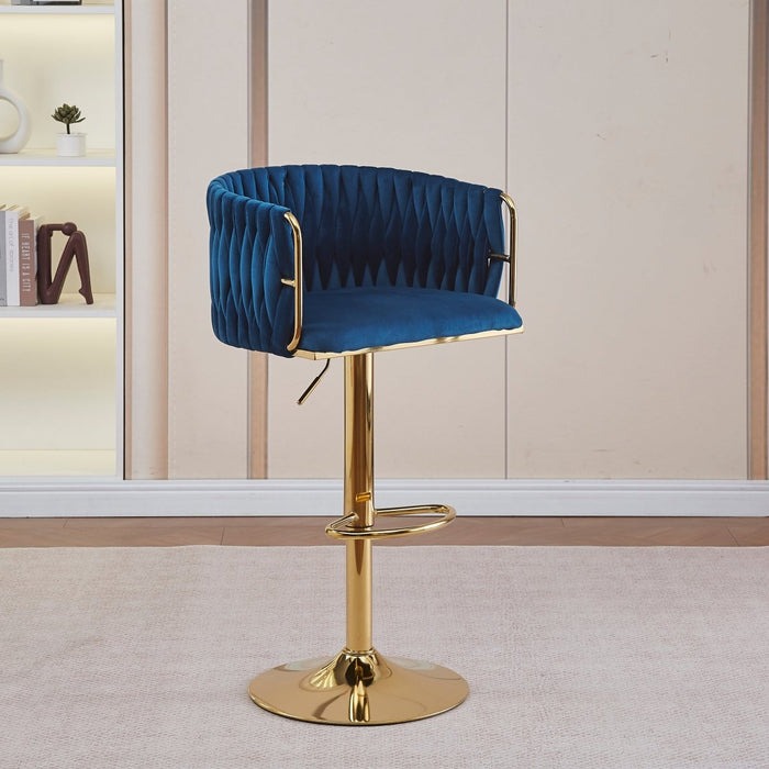 2x Height Adjustable Blue Swivel Bar Stool Velvet Golden Round Base Barstools Chairs - Amazingooh Wholesale