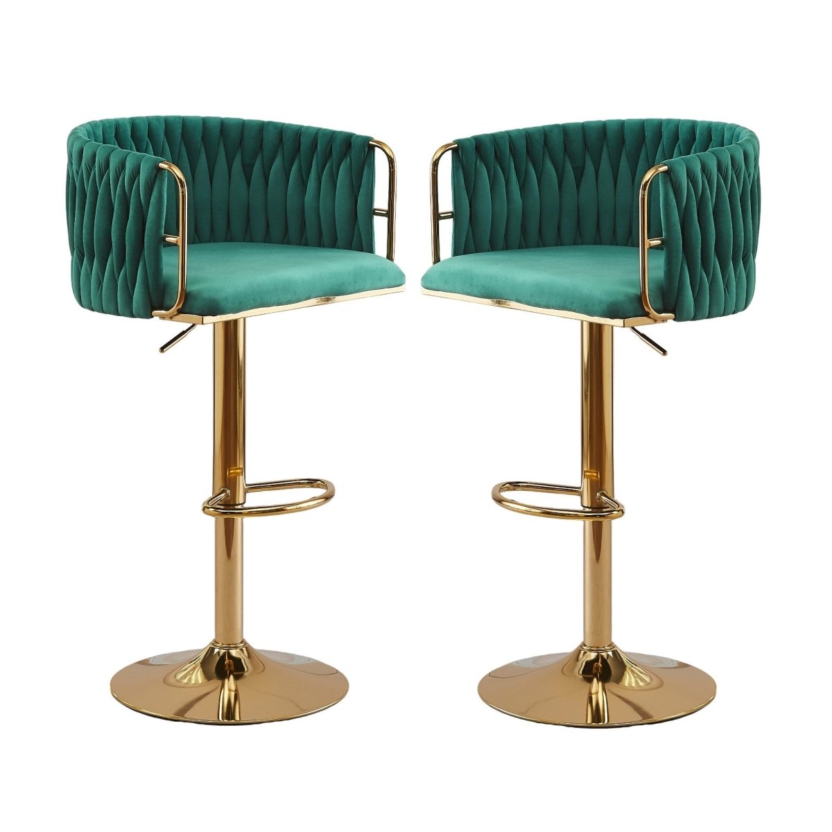 2x Height Adjustable Green Swivel Bar Stool Velvet Golden Round Base ...