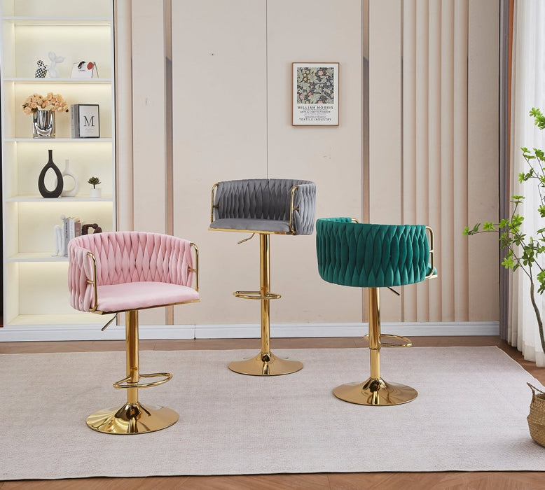2x Height Adjustable Green Swivel Bar Stool Velvet Golden Round Base Barstools Chairs - Amazingooh Wholesale