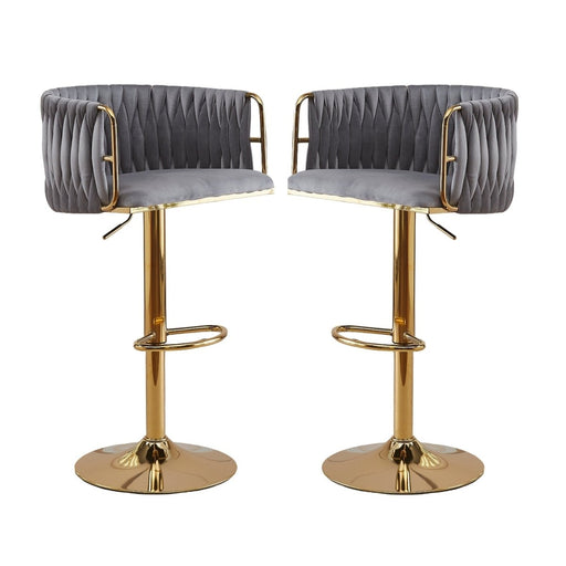 2x Height Adjustable Grey Swivel Bar Stool Velvet Golden Round Base Barstools Chairs - Amazingooh Wholesale