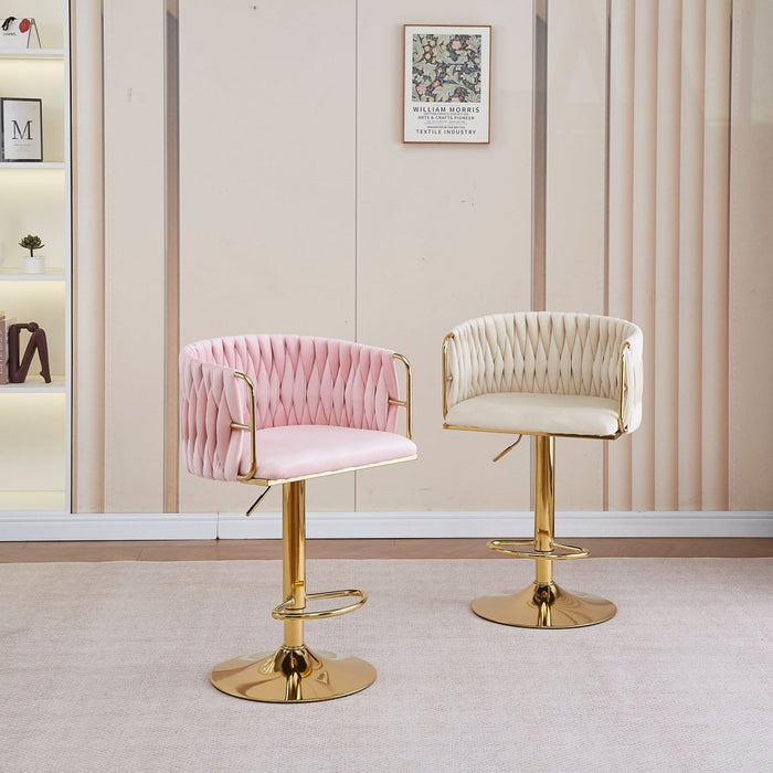 2x Height Adjustable Pink Swivel Bar Stool Velvet Golden Round Base Barstools Chairs - Amazingooh Wholesale