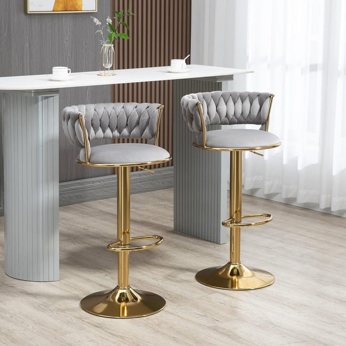 2x Height Adjustable Swivel Bar Stool Velvet Golden Base Barstools Chairs Padded Seat Grey - Amazingooh Wholesale