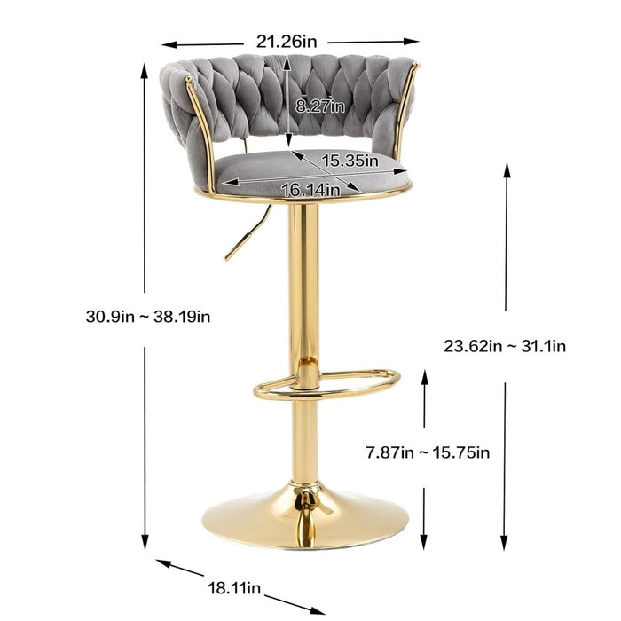 2x Height Adjustable Swivel Bar Stool Velvet Golden Base Barstools Chairs Padded Seat Grey - Amazingooh Wholesale