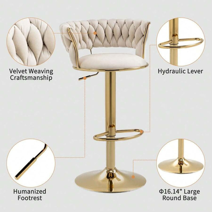 2x Height Adjustable Swivel Bar Stool Velvet Golden Base Barstools Chairs Padded Seat Ivory - Amazingooh Wholesale
