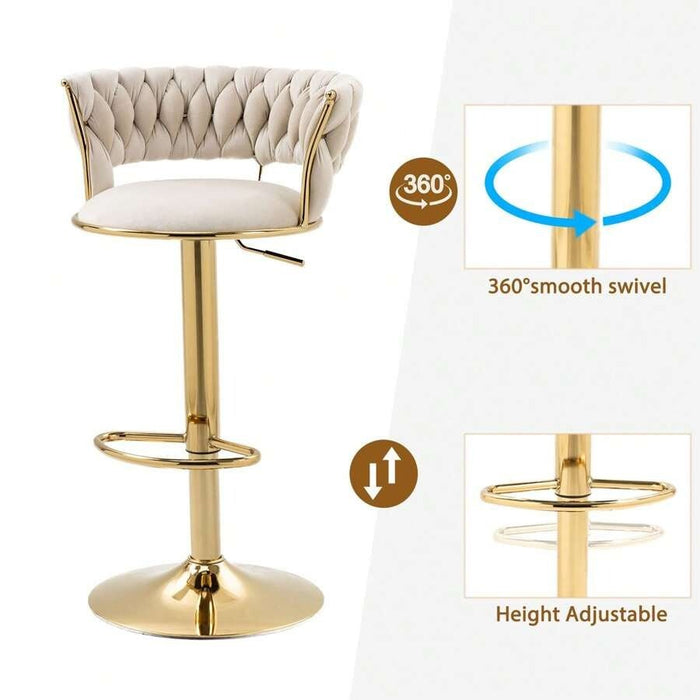 2x Height Adjustable Swivel Bar Stool Velvet Golden Base Barstools Chairs Padded Seat Ivory - Amazingooh Wholesale