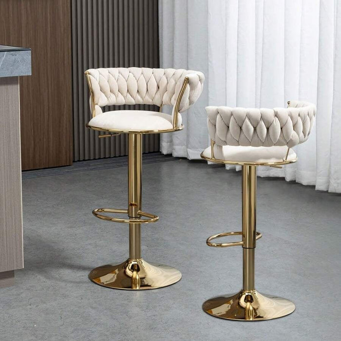 2x Height Adjustable Swivel Bar Stool Velvet Golden Base Barstools Chairs Padded Seat Ivory - Amazingooh Wholesale