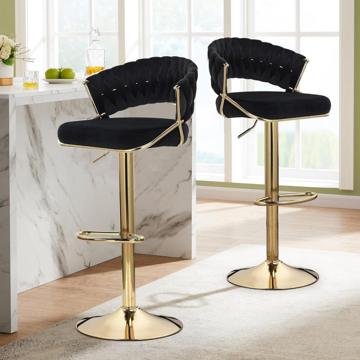 2x Height Black Velvet Padded Golden Round Base Barstools Chairs - Amazingooh Wholesale