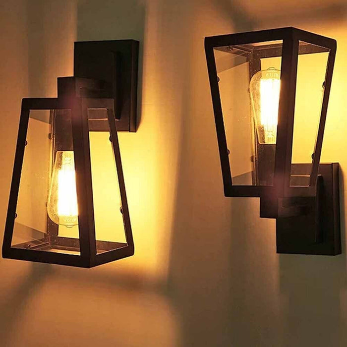 2x Outdoor Wall Light Porch Yard Tempered Glass Lantern Lamp Black IP44 - Amazingooh Wholesale