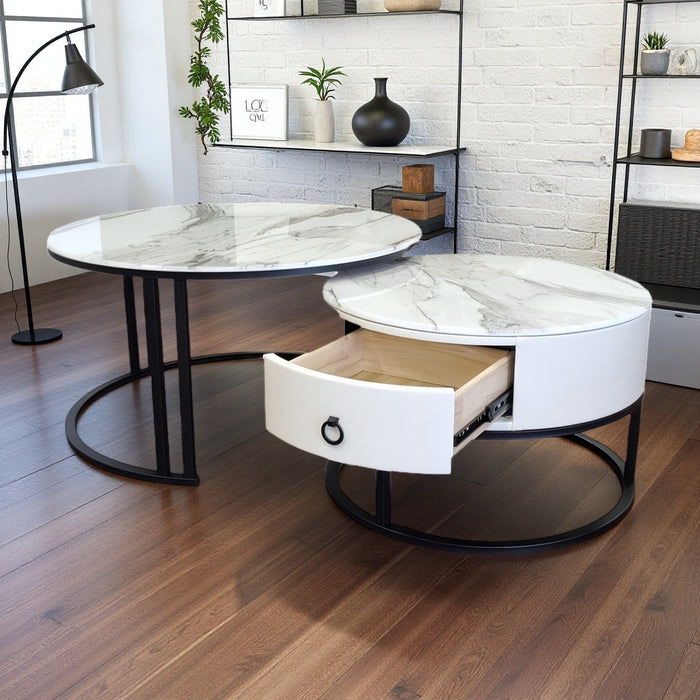 Velluto Calacatta White Top Modern Marble Slate Nesting Coffee Table Set Leather Wrapped Wood Drawers (Black Frame)