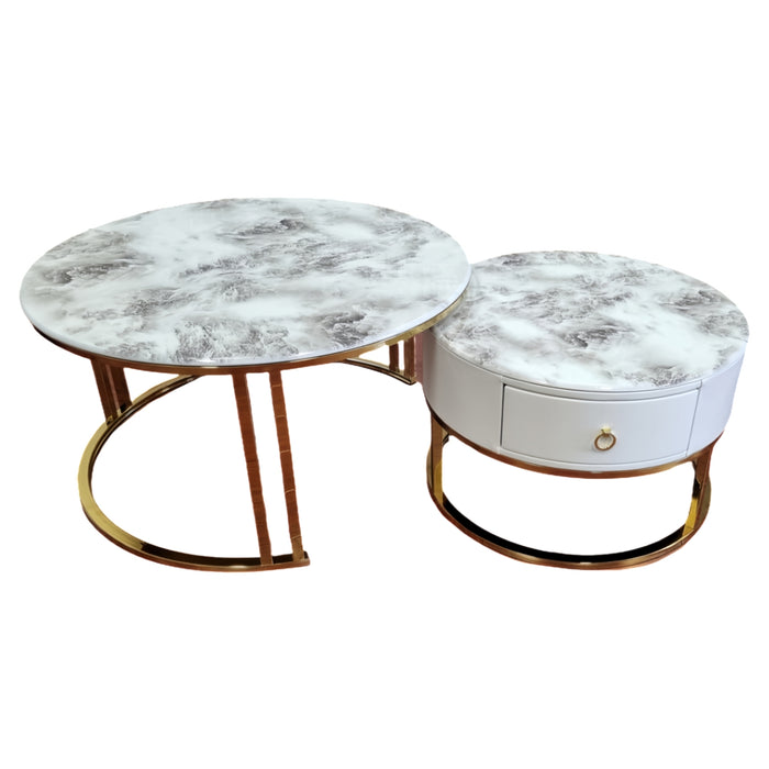 Velluto Volakas White Top Modern Marble Slate Nesting Coffee Table Set Leather Wrapped Wood Drawers (Gold Frame)