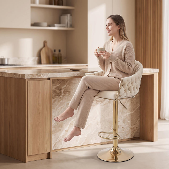 SERENITà GP1863 Modern Velvet Breakfast Bar Stools Swivel Barstools Adjustable Counter Stools with Backrest (Gold-Ivory)