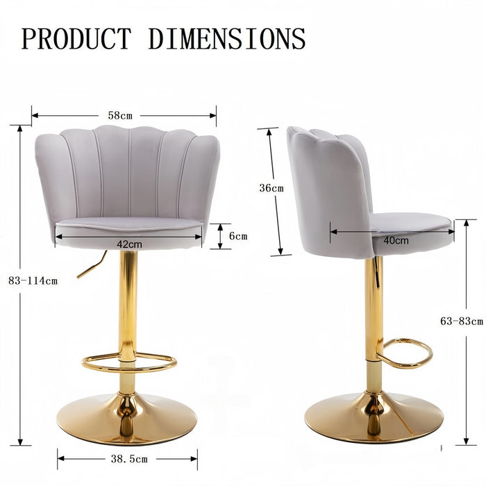 SERENITà Swivel Bar Stools Bar Height Set of 2 Adjustable Upholstered Counter Barstool Velvet Bar Chairs with Back/Gold Base for Kitchen Island/Bar/Cafe-Grey