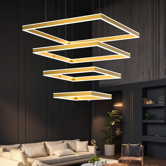 BAMDECOR A18882 Gold Modern Minimalist Square Pendant Light Adjustable LED Chandelier for Bar, Dining Room, Office