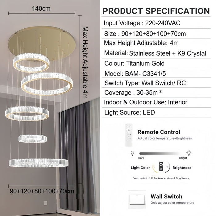 BAMDECOR C3341 Series Pharaoh RING Modern K9 Luxury Crystal LED Chandelier (Gold-5/6/7 and 8 Rings)
