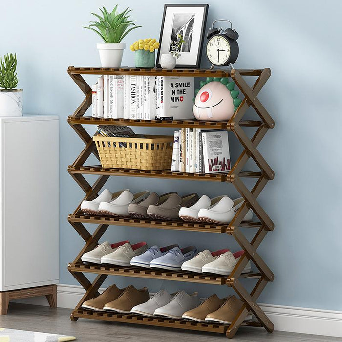 6 Tiers Brown Multi - purpose Bamboo Collapsible Folding Storage Shoe Rack Shelf Organizer 100cm - Amazingooh Wholesale