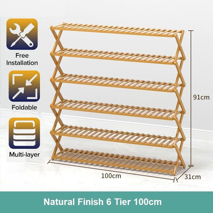 6 Tiers Brown Multi - purpose Bamboo Collapsible Folding Storage Shoe Rack Shelf Organizer 100cm - Amazingooh Wholesale
