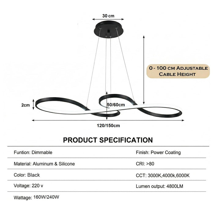 BAMDECOR A022 Modern Designer Infinity LED Chandelier Island Ceiling Pendant Light (120/150cm Black)