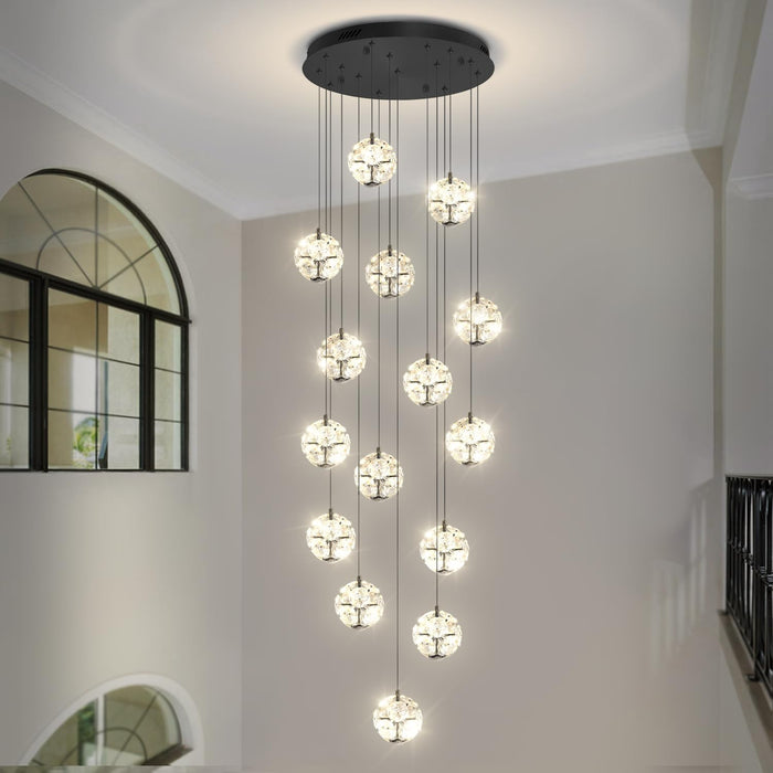 BAMDECOR C3619 15-Heads Crystal Globe Chandeliers High Ceiling Foyers Entrance Chandeliers Staircase Long Pendant Light (Black)