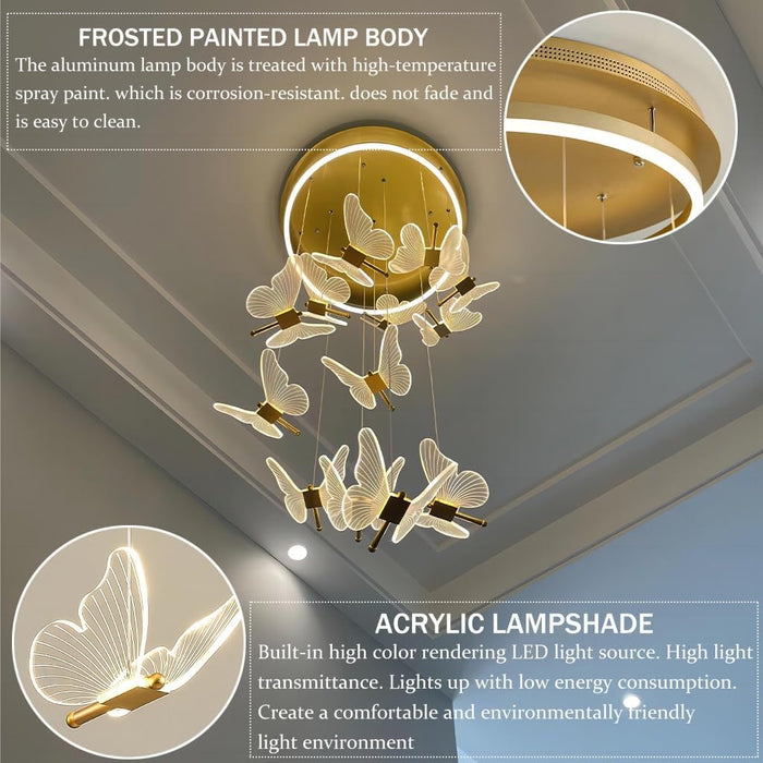 BAMDECOR LT05 13 Nordic Butterfly Luxury Chandeliers Pendant Lights for Villa Stair Home Decoration Modern Style Exquisite Chandelier (Gold)