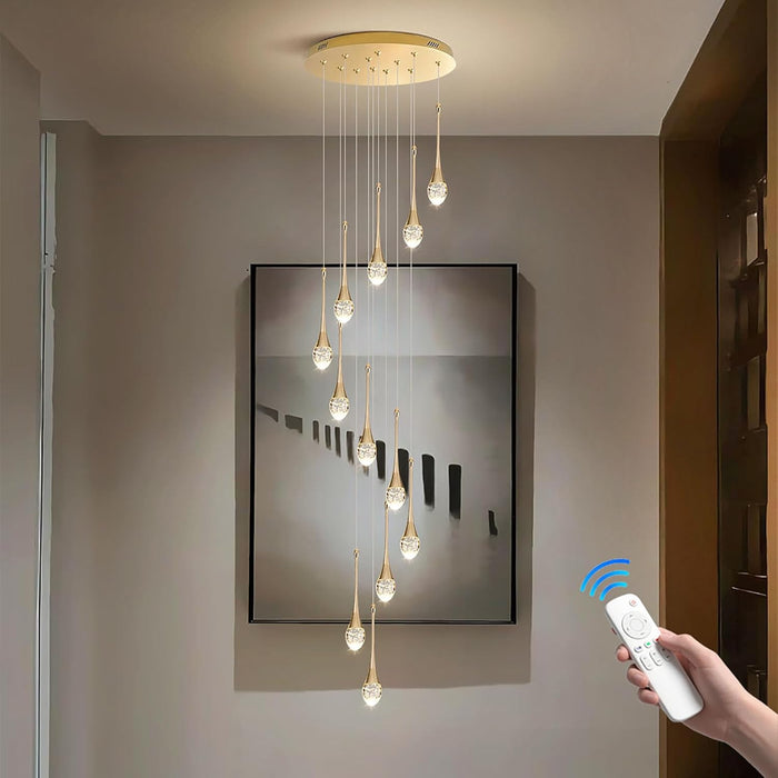 BAMDECOR LT08 12-Heads Solid Crystal Teardrop Chandelier High Ceiling Foyers Entrance Chandeliers Staircase Long Pendant Light (Gold)