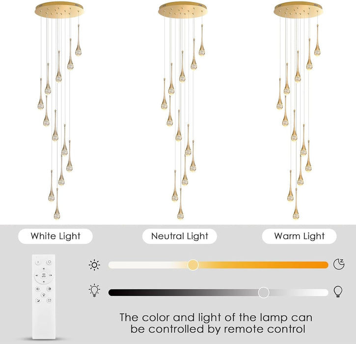 BAMDECOR LT08 12-Heads Solid Crystal Teardrop Chandelier High Ceiling Foyers Entrance Chandeliers Staircase Long Pendant Light (Gold)