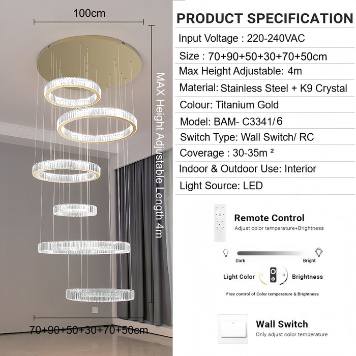 BAMDECOR C3341 Series Pharaoh RING Modern K9 Luxury Crystal LED Chandelier (Gold-5/6/7 and 8 Rings)