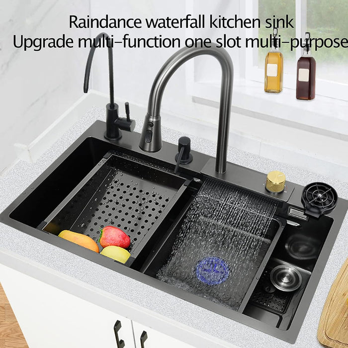 Kitchen Sink 304 Stainless Steel Nano Raindance Waterfall Sink with Pull-Out Tap, Chopping Board, Cup Washer Domestic Single Bowl Big Sink Set Integrated Sinks