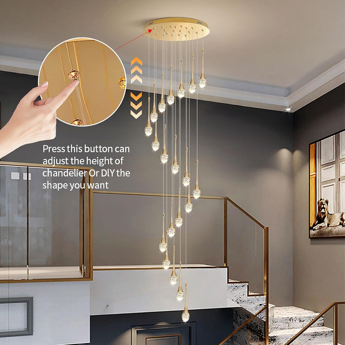 BAMDECOR LT08 12-Heads Solid Crystal Teardrop Chandelier High Ceiling Foyers Entrance Chandeliers Staircase Long Pendant Light (Gold)