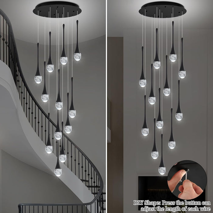 BAMDECOR LT08 12-Heads Solid Crystal Teardrop Chandelier High Ceiling Foyers Entrance Chandeliers Staircase Long Pendant Light (Black)
