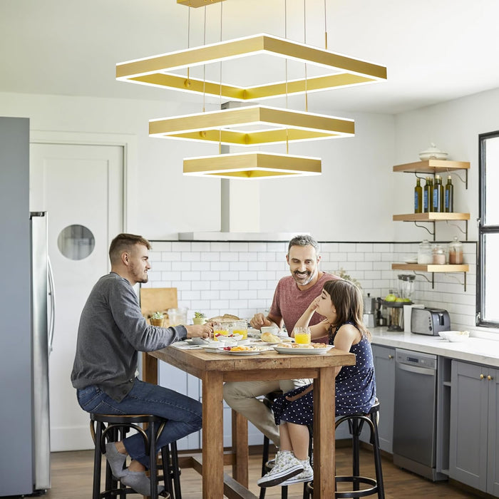 BAMDECOR SQ18882/3 Gold Modern Minimalist Square Pendant Light Adjustable LED Chandelier for Bar, Dining Room, Office