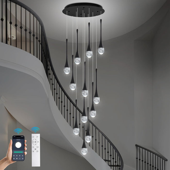 BAMDECOR LT08 12-Heads Solid Crystal Teardrop Chandelier High Ceiling Foyers Entrance Chandeliers Staircase Long Pendant Light (Black)