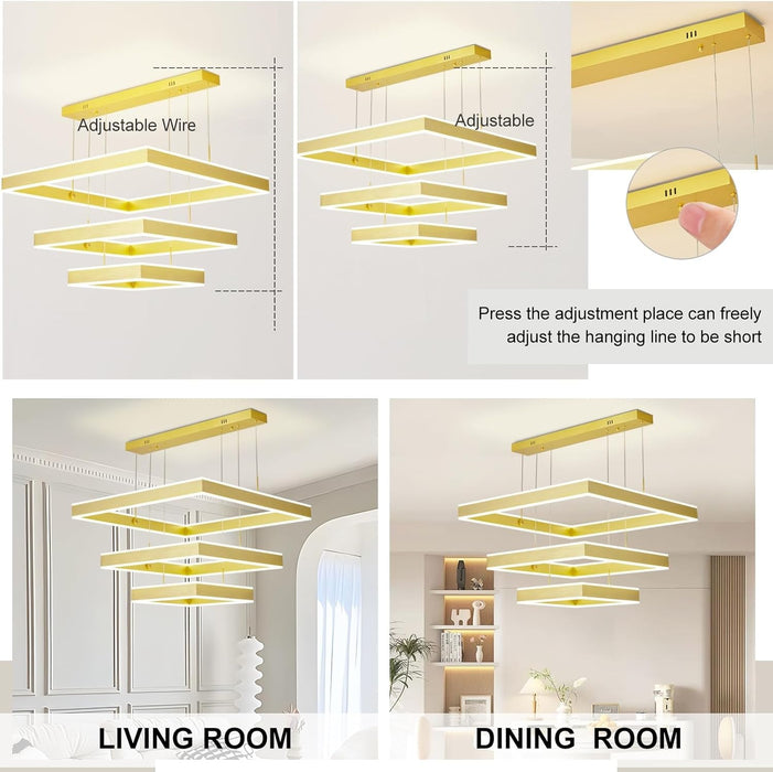 BAMDECOR SQ18882/3 Gold Modern Minimalist Square Pendant Light Adjustable LED Chandelier for Bar, Dining Room, Office