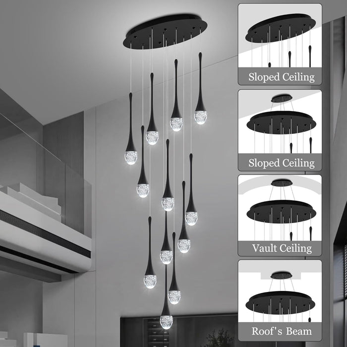 BAMDECOR LT08 12-Heads Solid Crystal Teardrop Chandelier High Ceiling Foyers Entrance Chandeliers Staircase Long Pendant Light (Black)