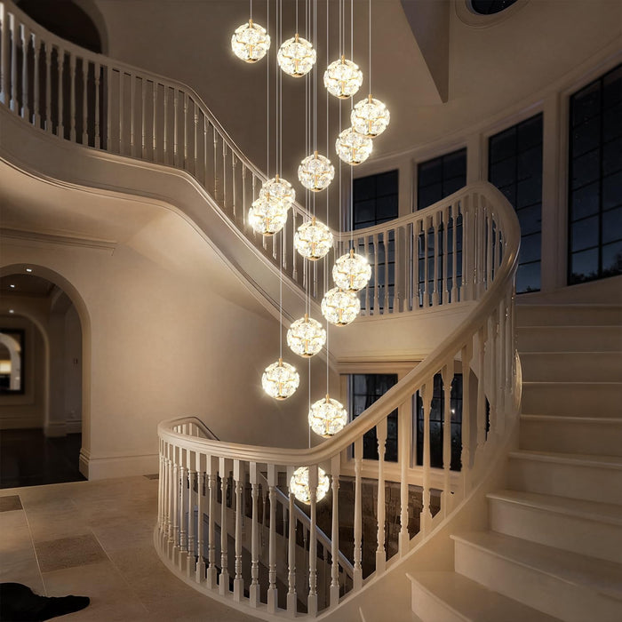 BAMDECOR C3619 15-Heads Crystal Globe Chandeliers High Ceiling Foyers Entrance Chandeliers Staircase Long Pendant Light (Gold)