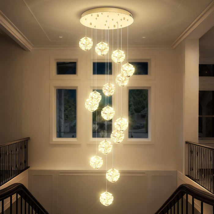 BAMDECOR C3619 15-Heads Crystal Globe Chandeliers High Ceiling Foyers Entrance Chandeliers Staircase Long Pendant Light (Gold)
