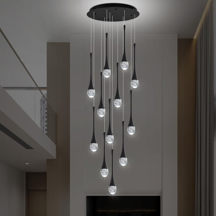 BAMDECOR LT08 12-Heads Solid Crystal Teardrop Chandelier High Ceiling Foyers Entrance Chandeliers Staircase Long Pendant Light (Black)