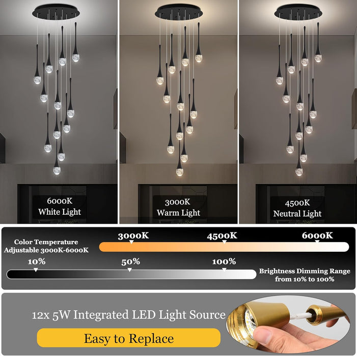 BAMDECOR LT08 12-Heads Solid Crystal Teardrop Chandelier High Ceiling Foyers Entrance Chandeliers Staircase Long Pendant Light (Black)