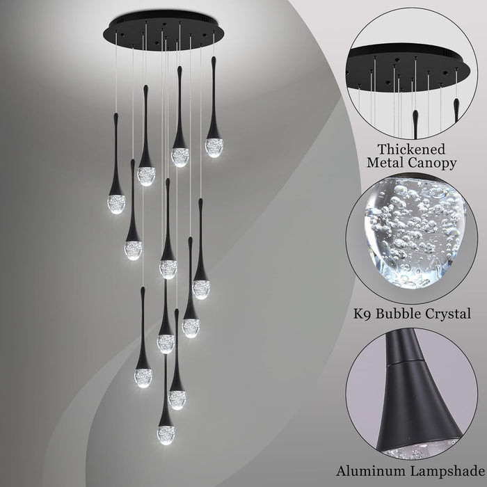 BAMDECOR LT08 12-Heads Solid Crystal Teardrop Chandelier High Ceiling Foyers Entrance Chandeliers Staircase Long Pendant Light (Black)