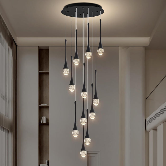 BAMDECOR LT08 12-Heads Solid Crystal Teardrop Chandelier High Ceiling Foyers Entrance Chandeliers Staircase Long Pendant Light (Black)