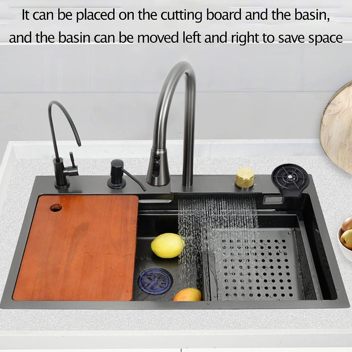 Kitchen Sink 304 Stainless Steel Nano Raindance Waterfall Sink with Pull-Out Tap, Chopping Board, Cup Washer Domestic Single Bowl Big Sink Set Integrated Sinks