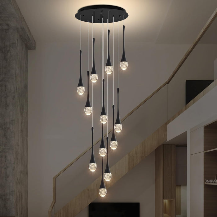 BAMDECOR LT08 12-Heads Solid Crystal Teardrop Chandelier High Ceiling Foyers Entrance Chandeliers Staircase Long Pendant Light (Black)