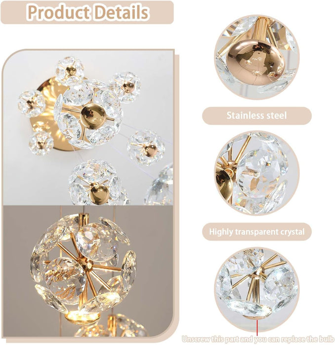 BAMDECOR C3619 15-Heads Crystal Globe Chandeliers High Ceiling Foyers Entrance Chandeliers Staircase Long Pendant Light (Gold)