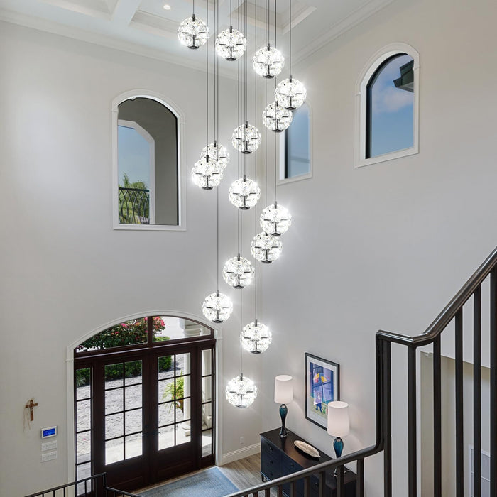 BAMDECOR C3619 15-Heads Crystal Globe Chandeliers High Ceiling Foyers Entrance Chandeliers Staircase Long Pendant Light (Black)