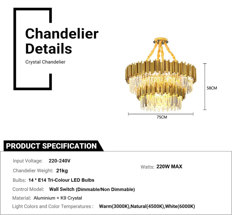 BAMDECOR C3356/2 Grande Two Layer Round Crystal Chandelier (Gold-75cm)
