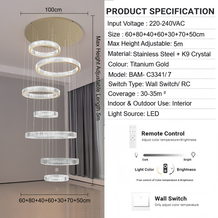BAMDECOR C3341 Series Pharaoh RING Modern K9 Luxury Crystal LED Chandelier (Gold-5/6/7 and 8 Rings)